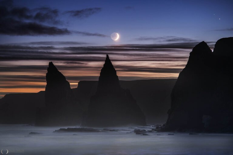 Moon and Saturn and Jupiter over Duncansby Head off the North Coast 500, Caithness, Scotland