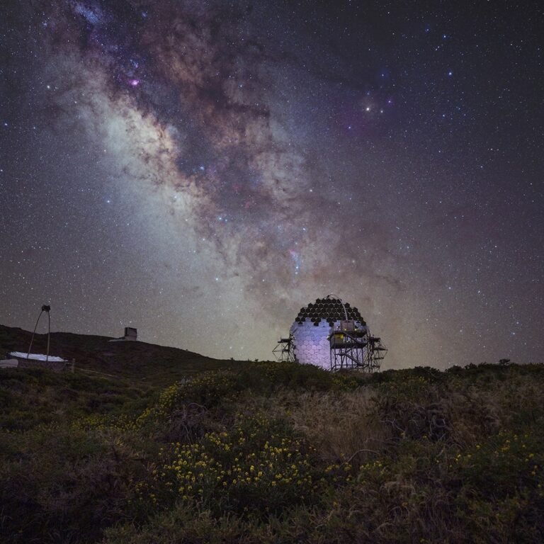 La Palma astrophotography with the Milky way over the Swedish solar telescope complex next to Pico Fuente Nueva on the route to Roque de los Muchachos atop the crater.  The entire area is an internationally recognised dark sky reserve, and one of the best places for landscape astrophotography in Europe