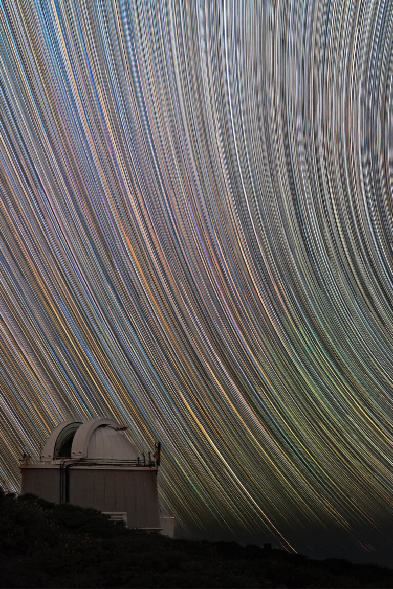 Star Trails over the Swedish solar telescope complex next to Pico Fuente Nueva on the route to Roque de los Muchachos atop the crater on La Palma, Canary Islands