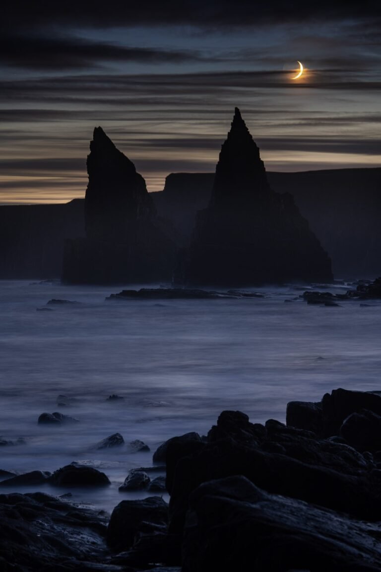 Moon over Duncansby Head off the North Coast 500, Caithness, Scotland