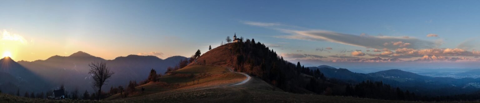 Panoramic photo of the Church of Saint Jakob in Slovenia. Taken on our Slovenia photography workshop and tour.